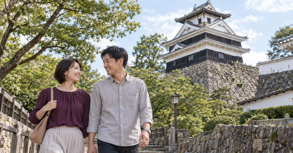 福知山城でデートを楽しむふたりをイメージしたAI画像