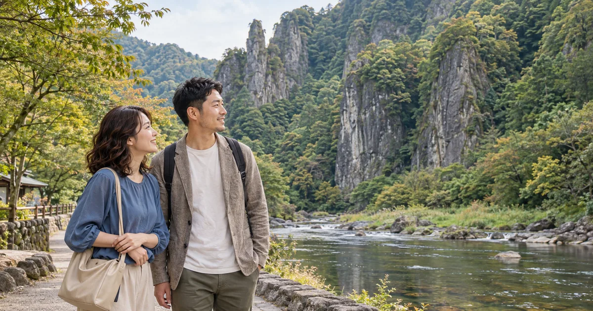立久恵峡でデートを楽しむふたりをイメージしたAI画像