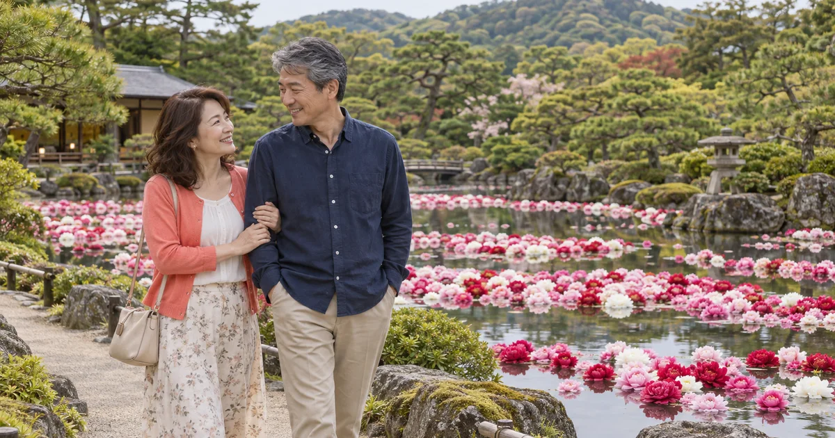 由志園でデートを楽しむふたりをイメージしたAI画像