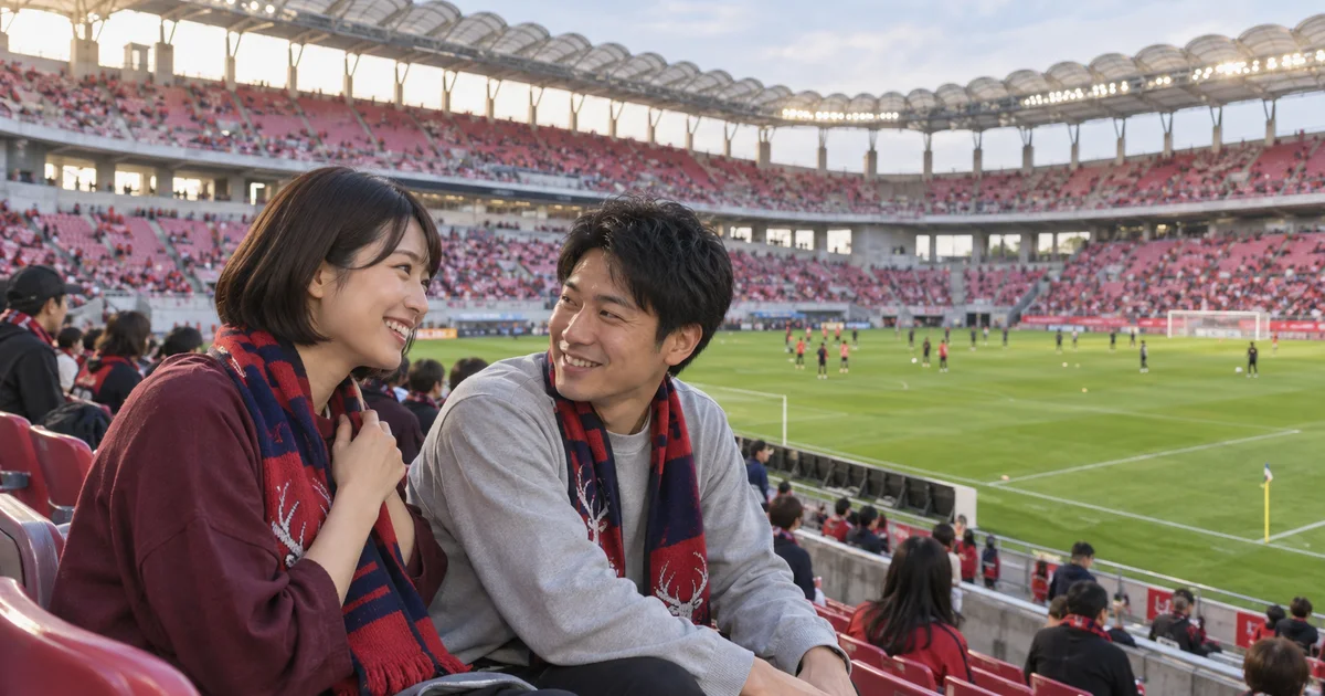 茨城県立カシマサッカースタジアムでデートを楽しむふたりをイメージしたAI画像