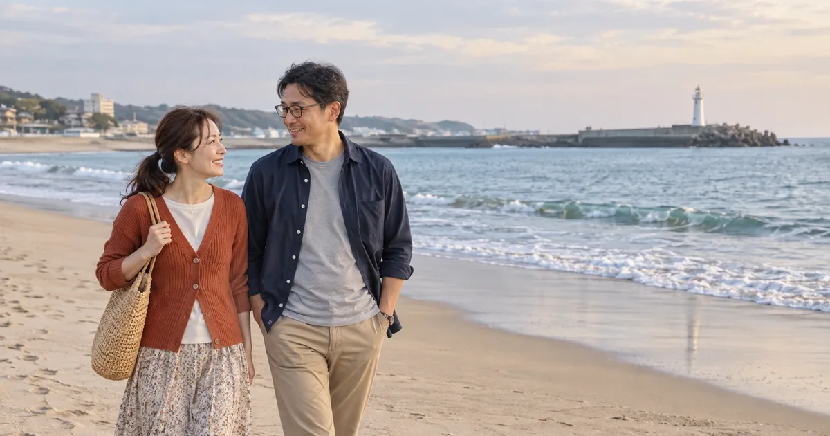 久慈浜海水浴場でデートを楽しむふたりをイメージしたAI画像