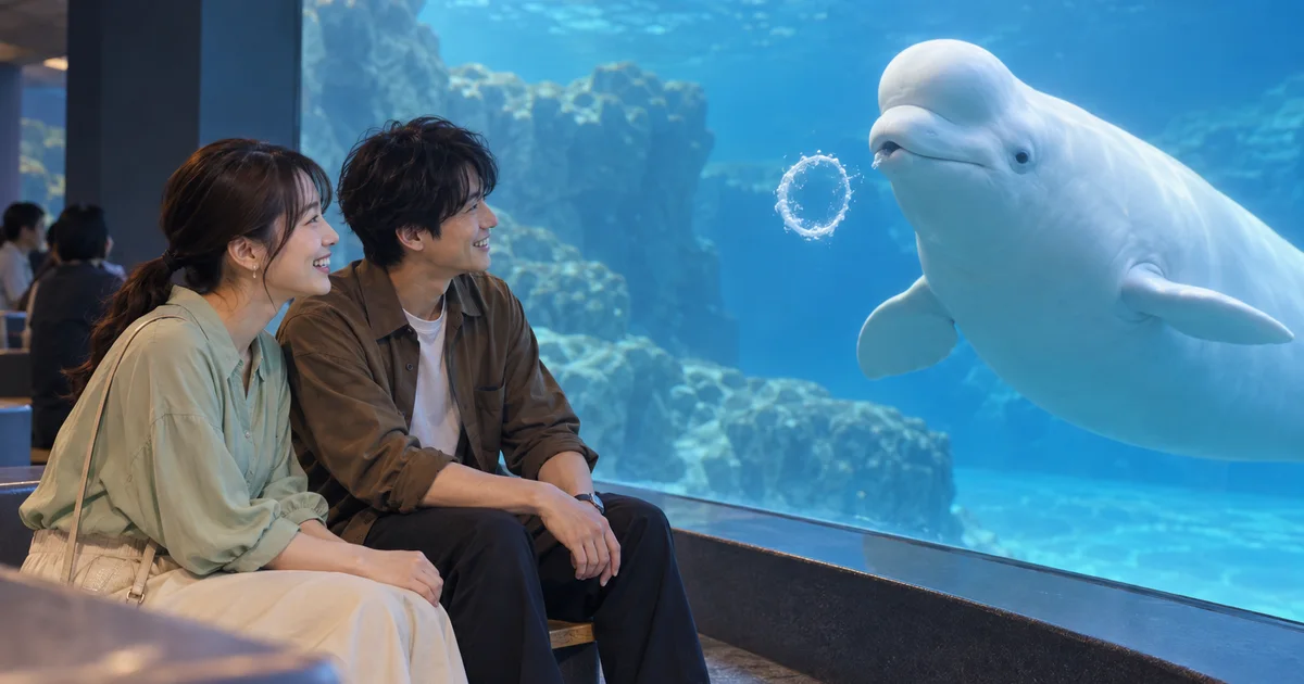 しまね海洋館アクアスでデートを楽しむふたりをイメージしたAI画像