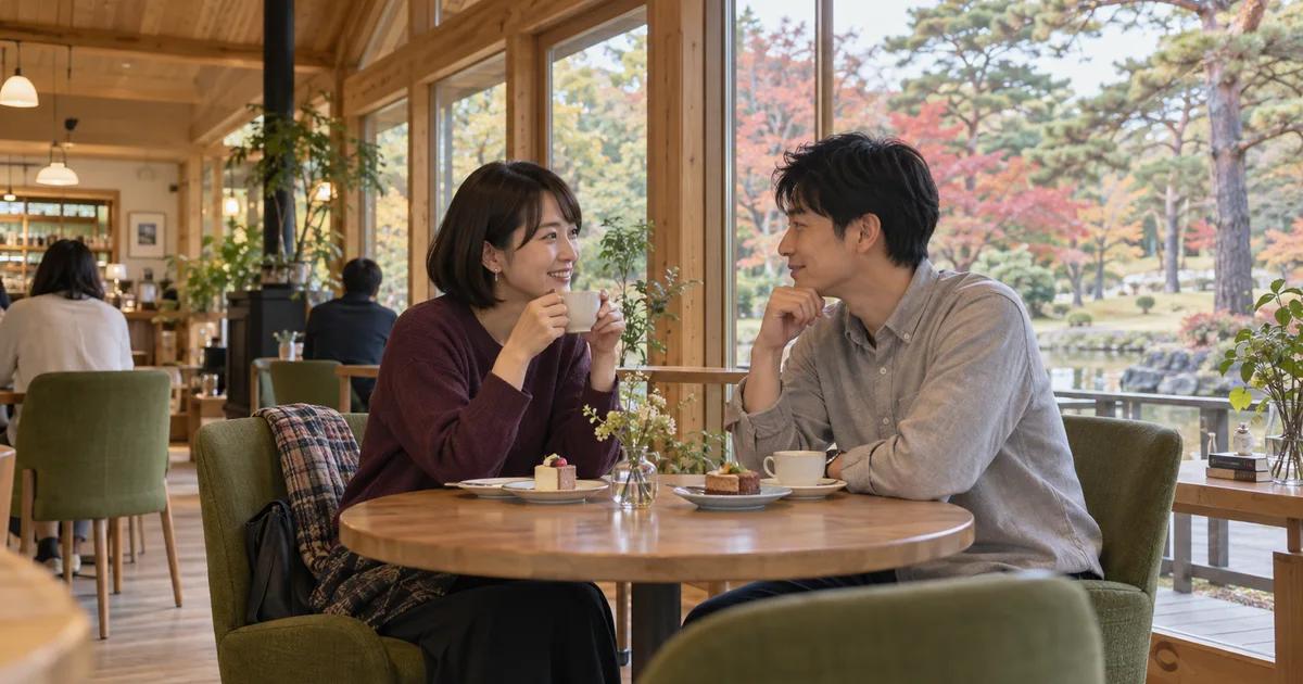 翠ヶ丘公園でデートを楽しむふたりをイメージしたAI画像