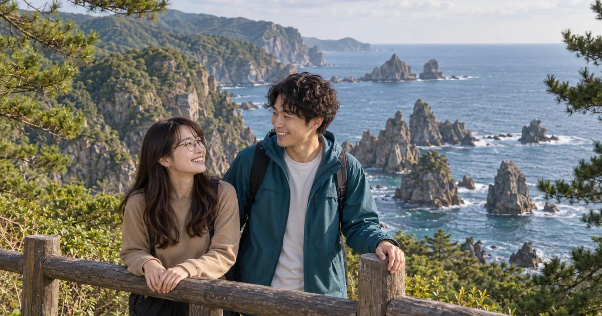青海島でデートを楽しむふたりをイメージしたAI画像