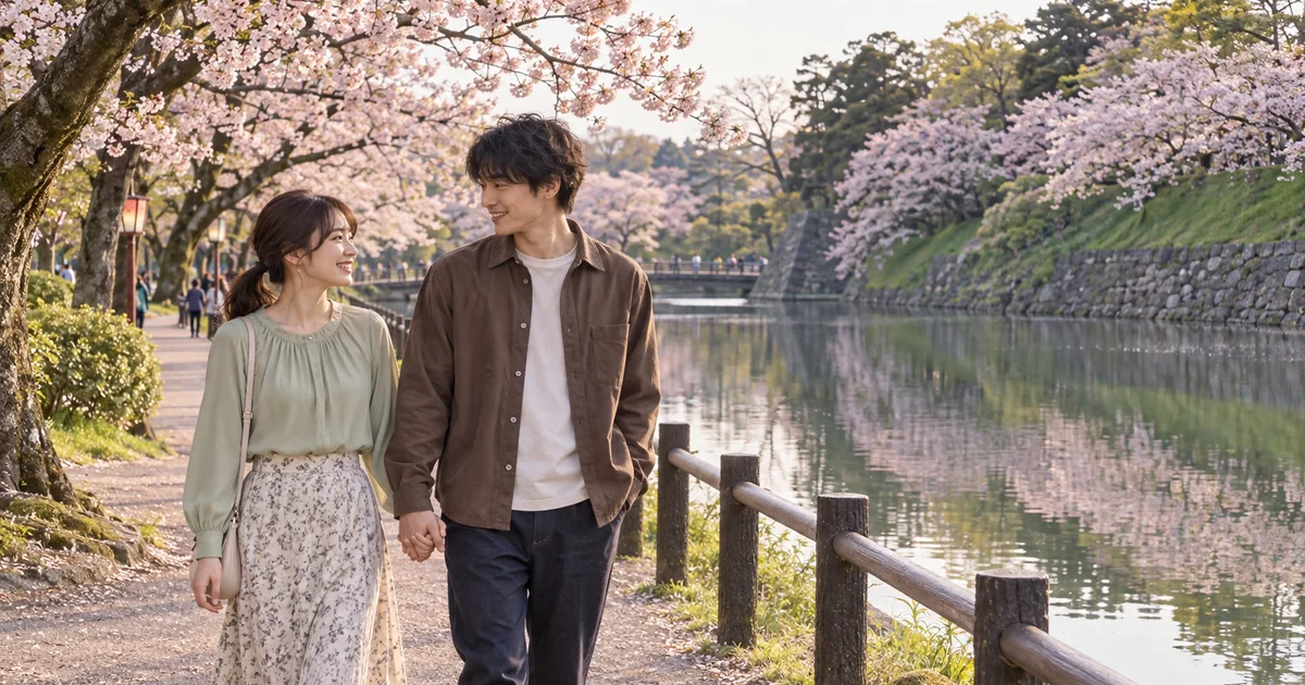 高岡古城公園でデートを楽しむふたりをイメージしたAI画像