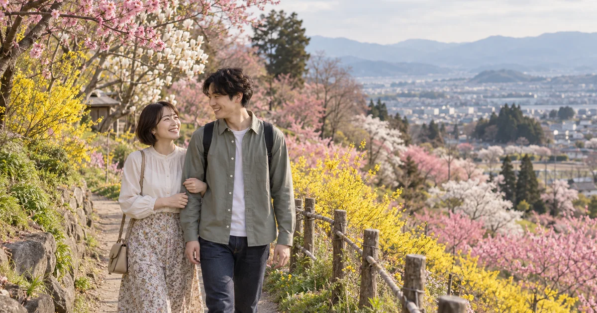花見山公園でデートを楽しむふたりをイメージしたAI画像