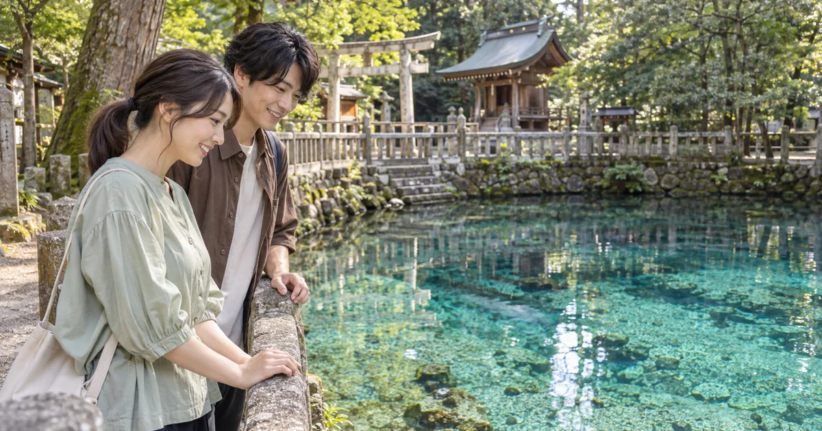 別府弁天池でデートを楽しむふたりをイメージしたAI画像