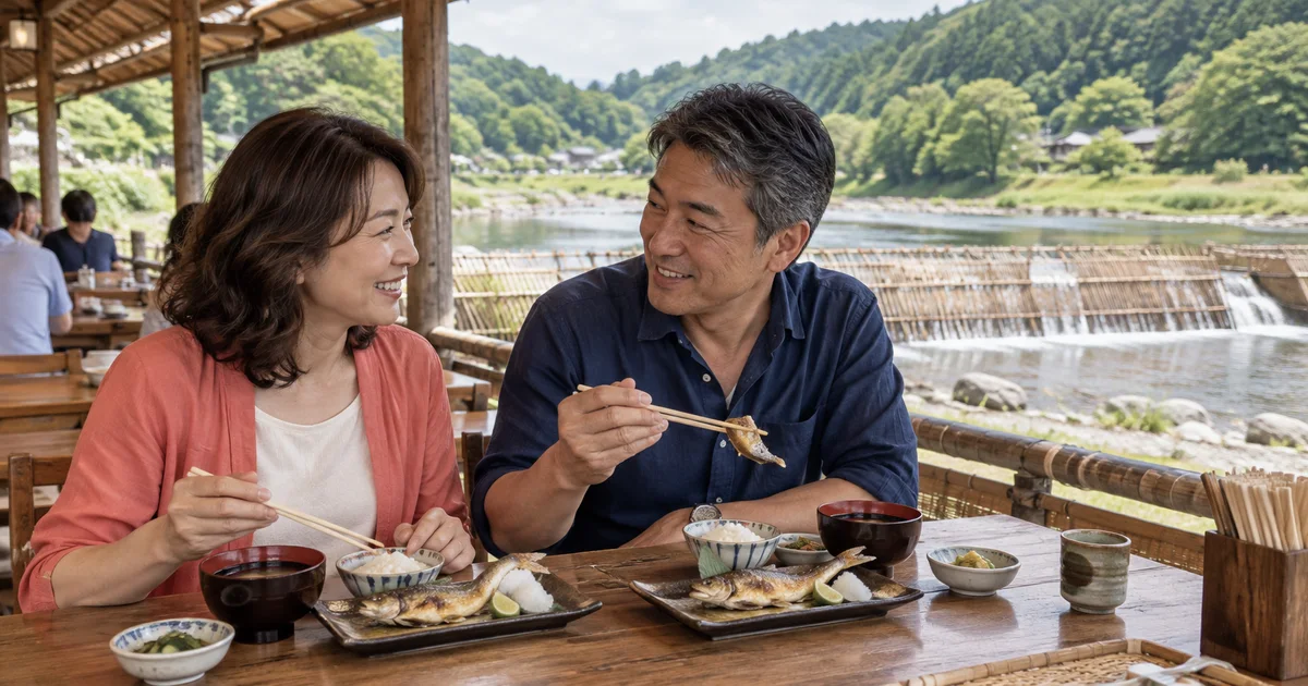 大瀬観光やなでデートを楽しむふたりをイメージしたAI画像