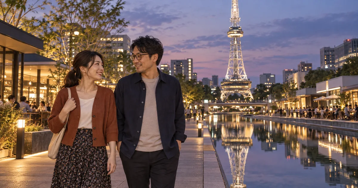RAYARD Hisaya-odori Parkでデートを楽しむふたりをイメージしたAI画像