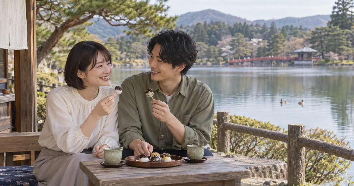 南湖公園でデートを楽しむふたりをイメージしたAI画像