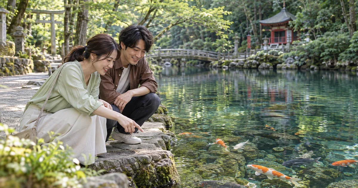 出流原弁天池でデートを楽しむふたりをイメージしたAI画像