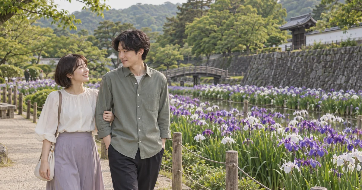 吉香公園でデートを楽しむふたりをイメージしたAI画像
