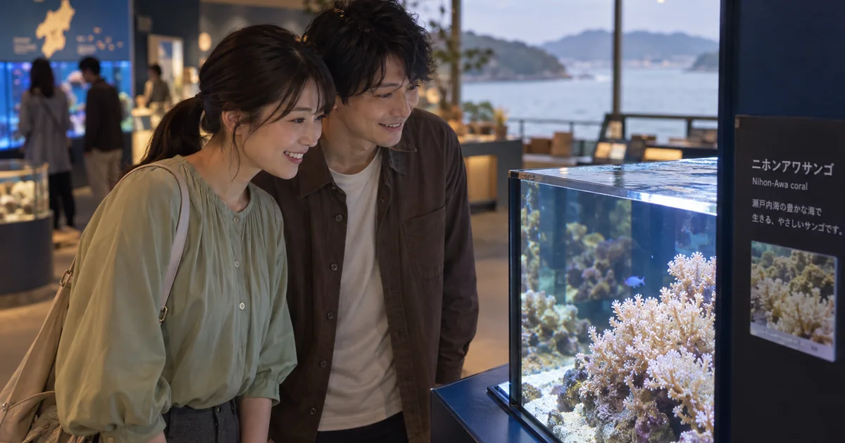 なぎさ水族館でデートを楽しむふたりをイメージしたAI画像