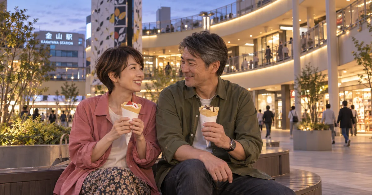 アスナル金山でデートを楽しむふたりをイメージしたAI画像