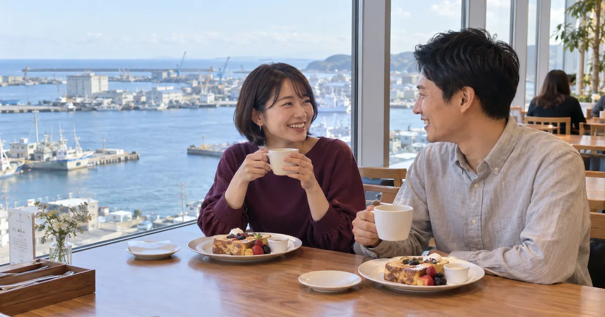 イオンモールいわき小名浜でデートを楽しむふたりをイメージしたAI画像