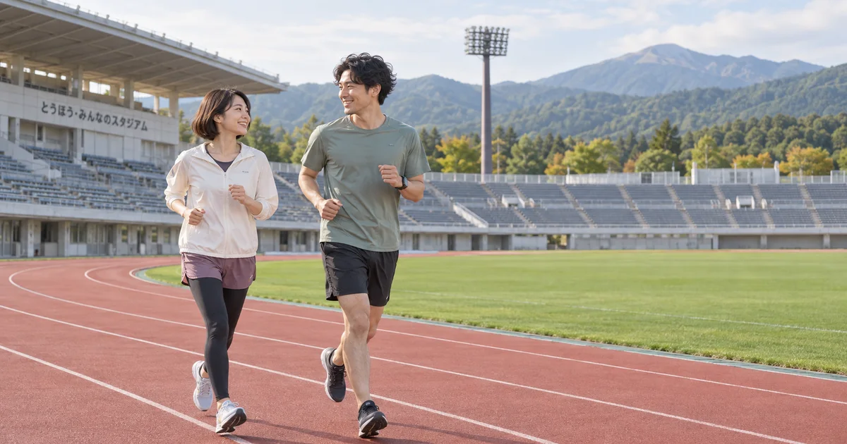 とうほう・みんなのスタジアムでデートを楽しむふたりをイメージしたAI画像