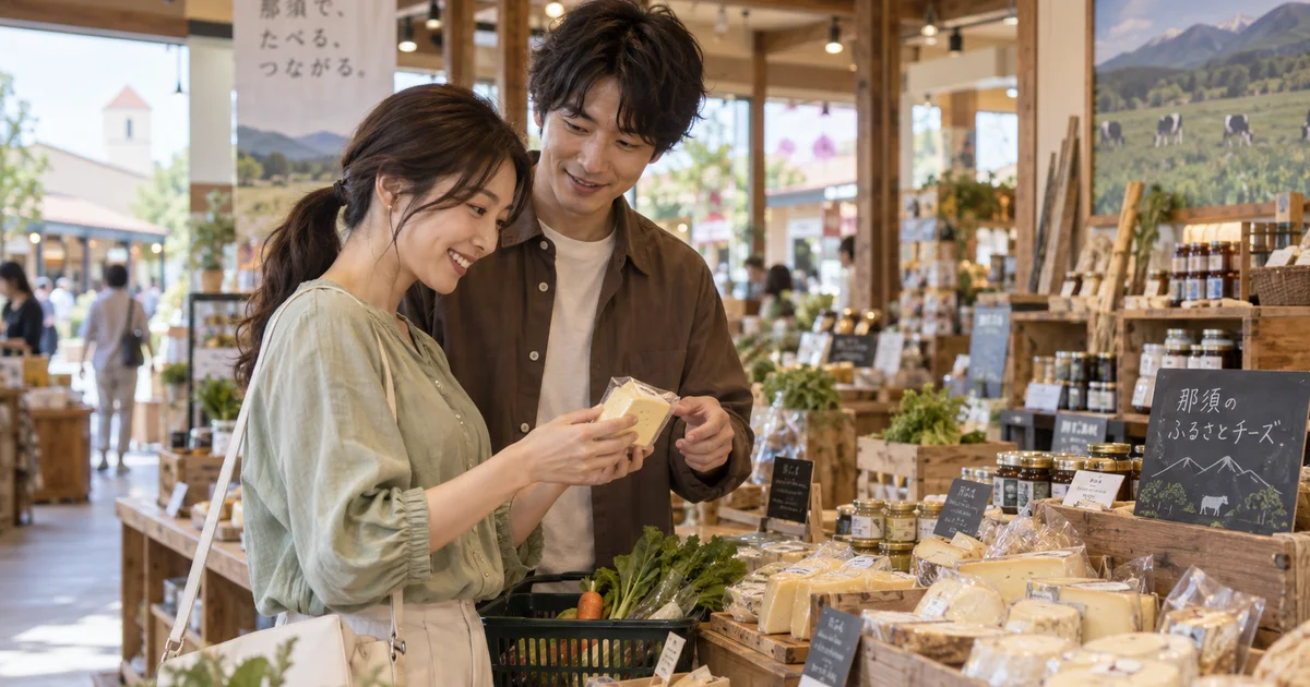 那須ガーデンアウトレットでデートを楽しむふたりをイメージしたAI画像