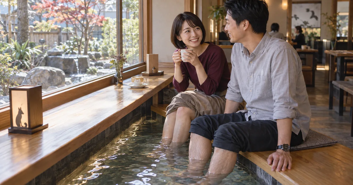 湯田温泉でデートを楽しむふたりをイメージしたAI画像