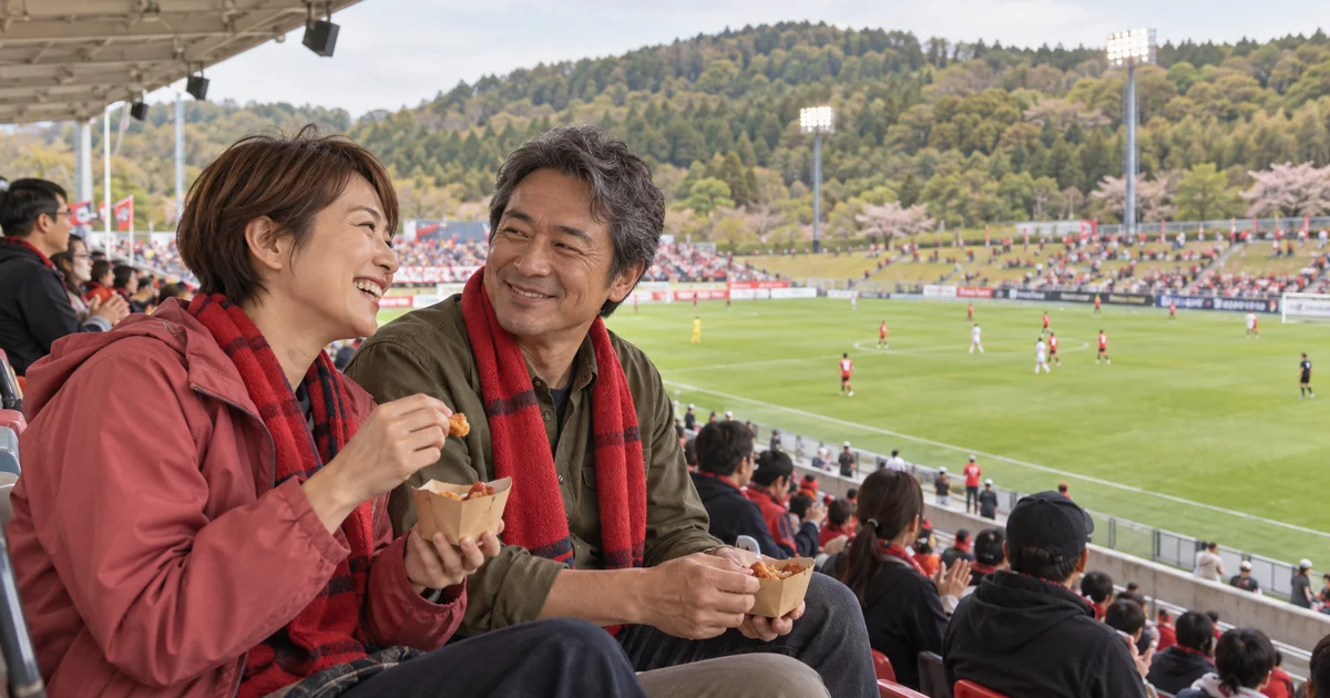 いわきグリーンフィールドでデートを楽しむふたりをイメージしたAI画像