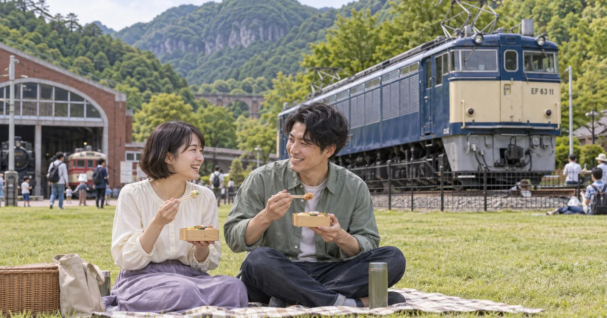 碓氷峠鉄道文化むらでデートを楽しむふたりをイメージしたAI画像