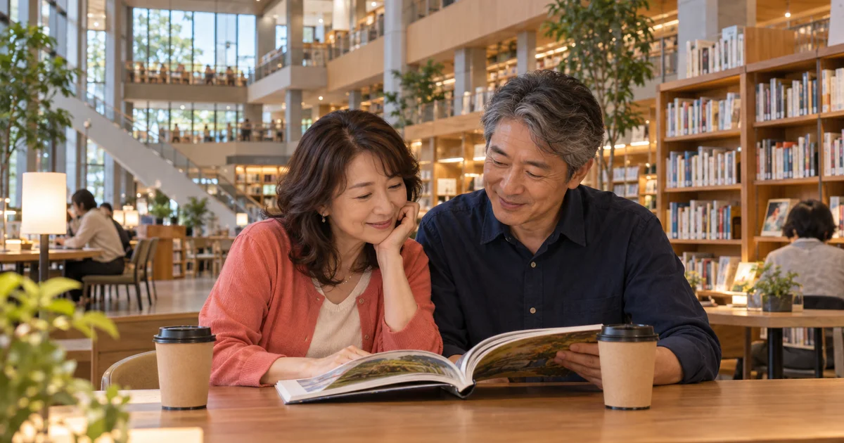 海老名市立図書館でデートを楽しむふたりをイメージしたAI画像