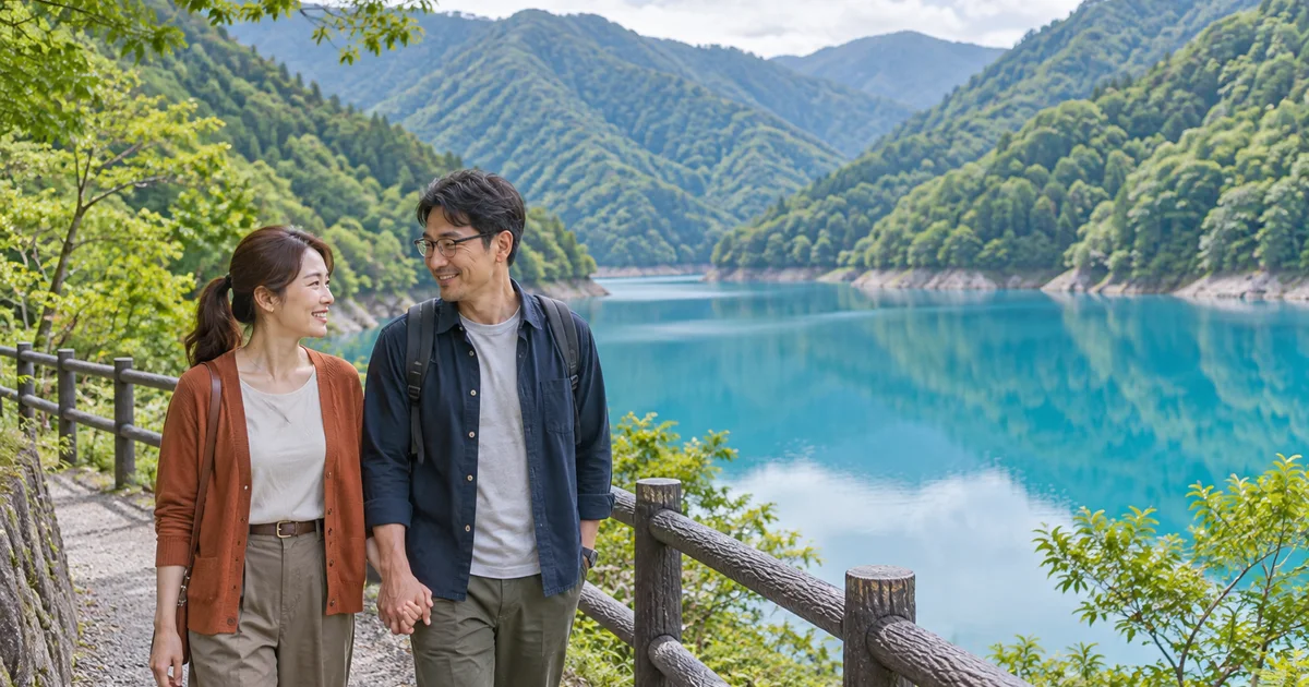 奥四万湖でデートを楽しむふたりをイメージしたAI画像