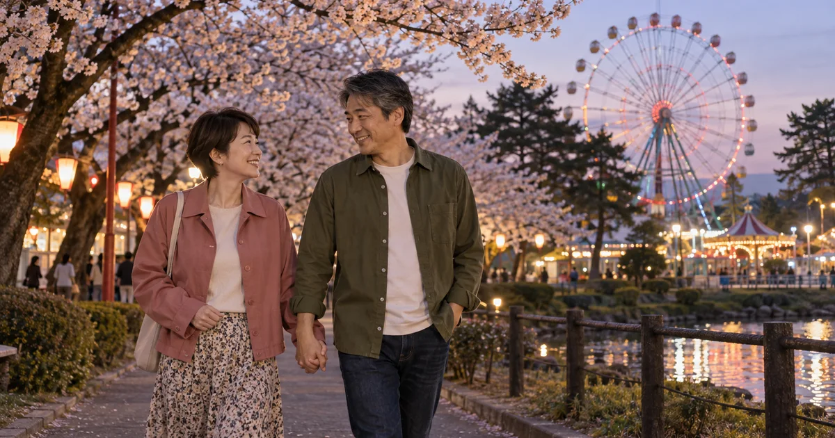 華蔵寺公園でデートを楽しむふたりをイメージしたAI画像
