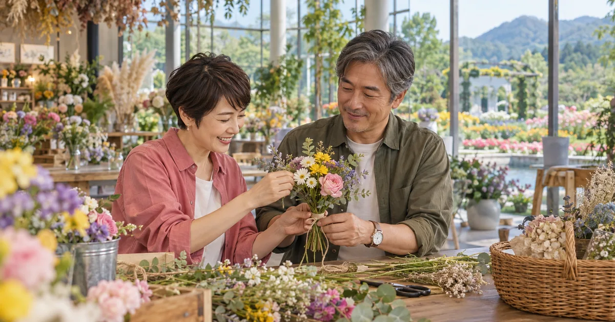 ぐんまフラワーパークでデートを楽しむふたりをイメージしたAI画像