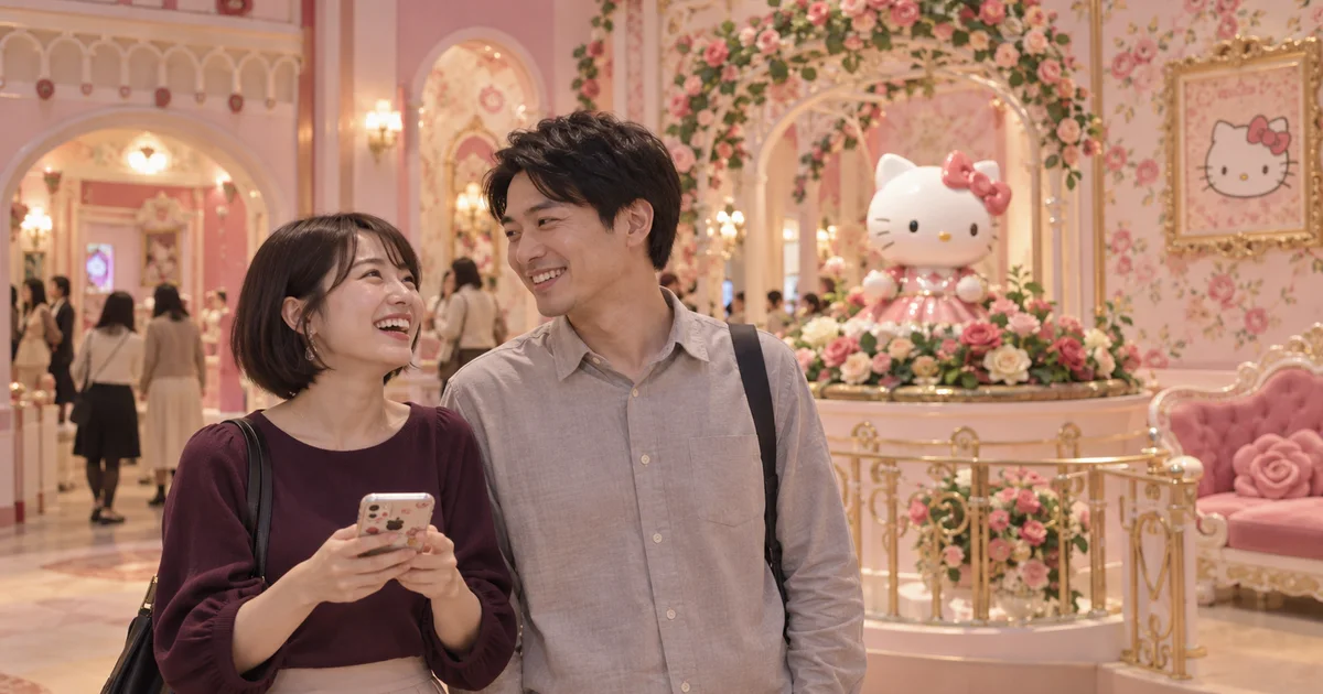 サンリオピューロランドでデートを楽しむふたりをイメージしたAI画像
