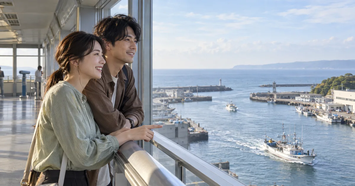沼津港大型展望水門びゅうおでデートを楽しむふたりをイメージしたAI画像