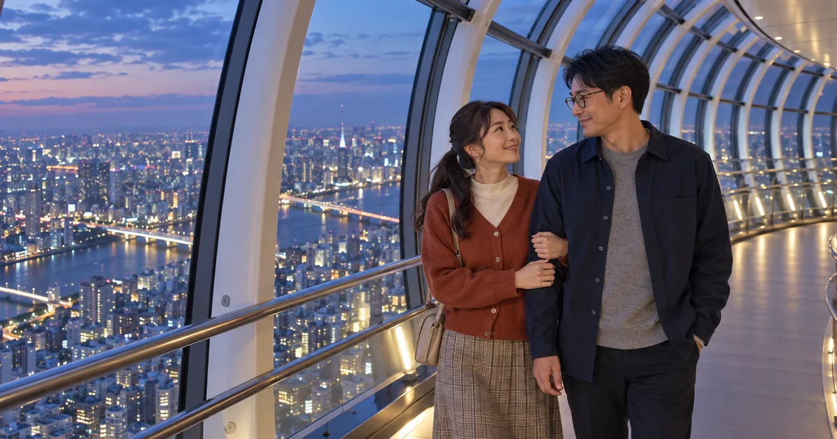 東京スカイツリーでデートを楽しむふたりをイメージしたAI画像