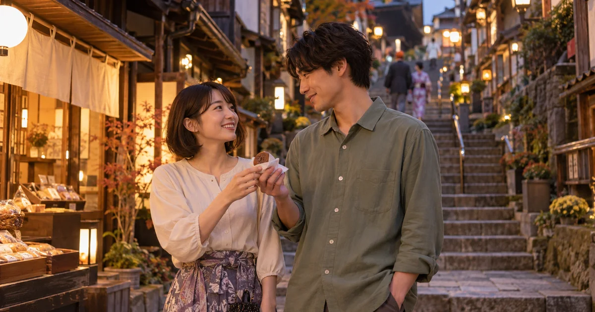 伊香保温泉でデートを楽しむふたりをイメージしたAI画像