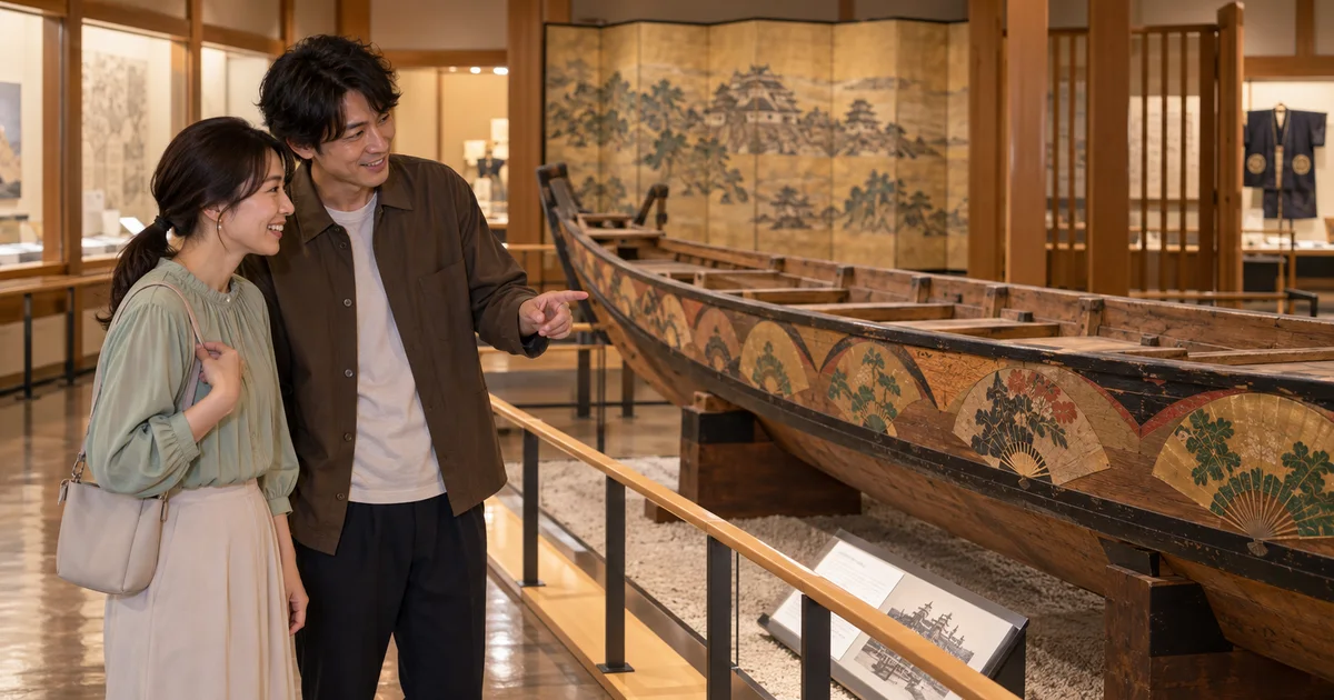 徳島市立徳島城博物館でデートを楽しむふたりをイメージしたAI画像