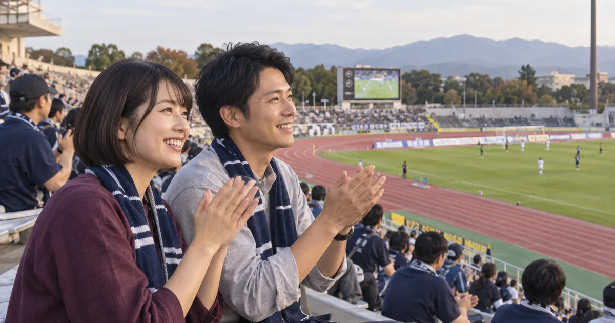 正田醤油スタジアム群馬でデートを楽しむふたりをイメージしたAI画像
