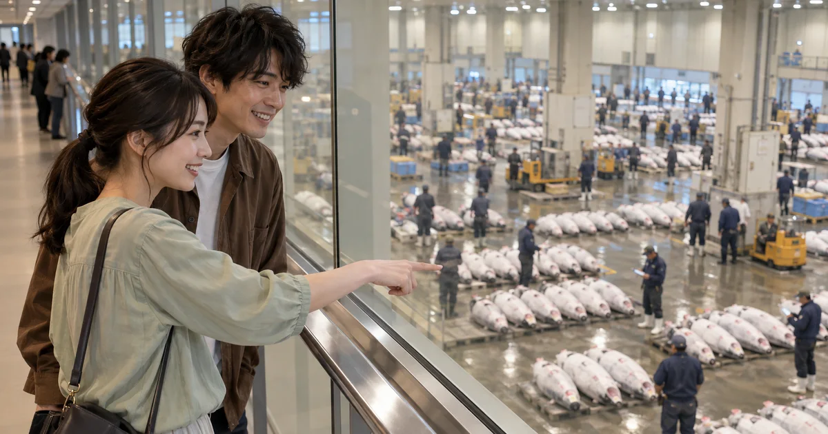 豊洲市場でデートを楽しむふたりをイメージしたAI画像