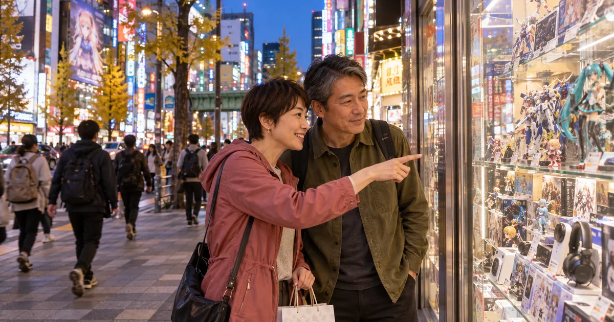 秋葉原電気街でデートを楽しむふたりをイメージしたAI画像