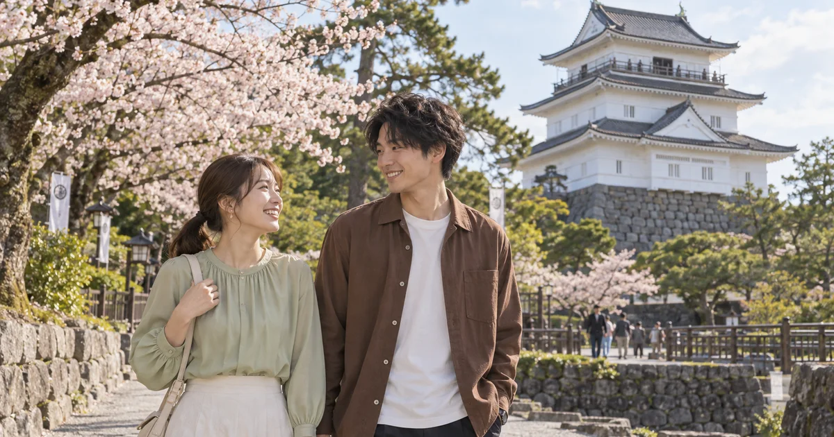 小田原城でデートを楽しむふたりをイメージしたAI画像