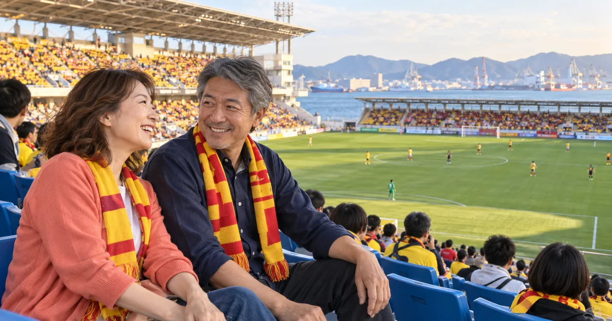 ミクニワールドスタジアム北九州でデートを楽しむふたりをイメージしたAI画像