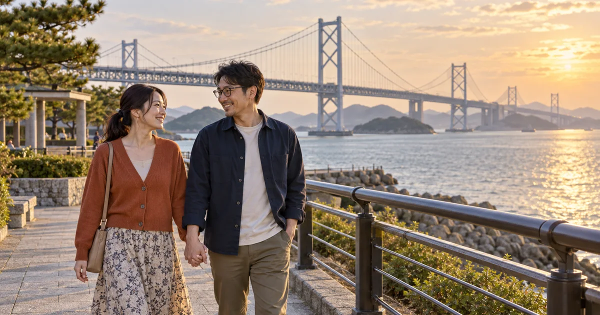 瀬戸大橋でデートを楽しむふたりをイメージしたAI画像