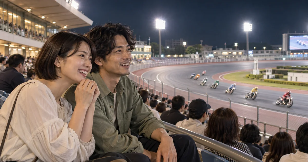 伊勢崎オートレース場でデートを楽しむふたりをイメージしたAI画像