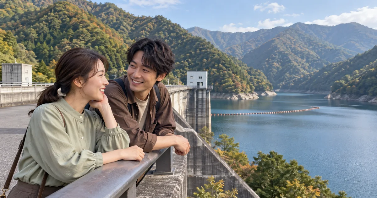 奥多摩湖でデートを楽しむふたりをイメージしたAI画像
