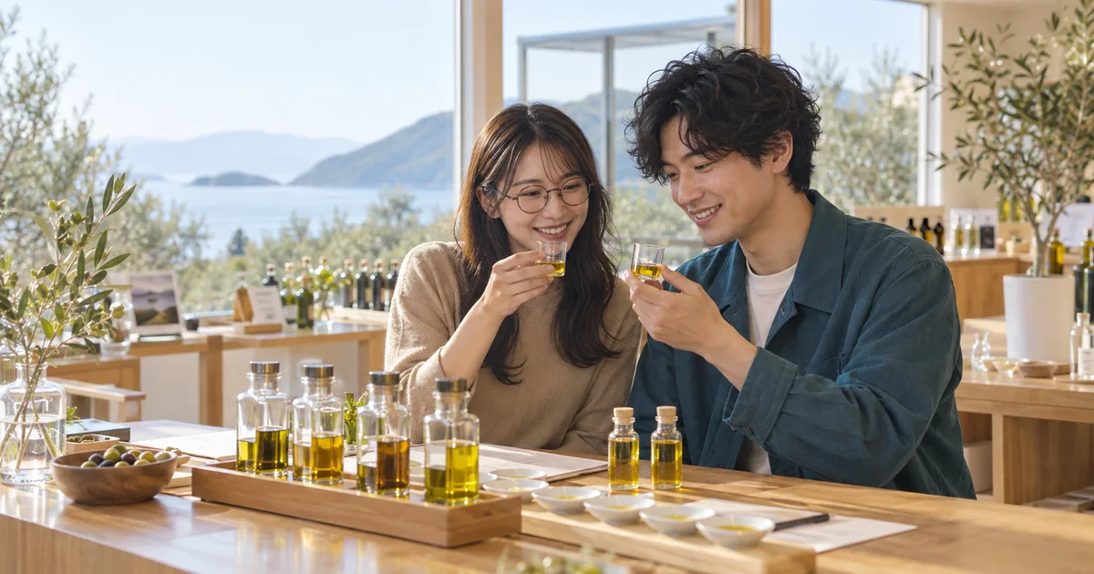 小豆島オリーブ園でデートを楽しむふたりをイメージしたAI画像