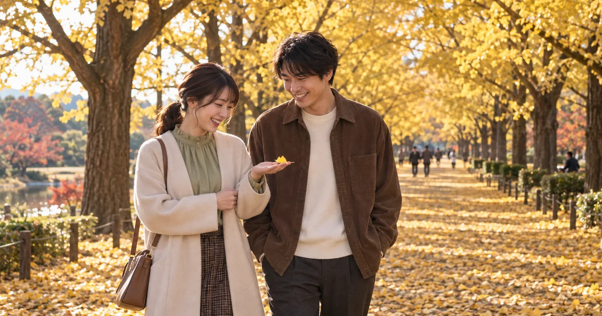 国営昭和記念公園でデートを楽しむふたりをイメージしたAI画像