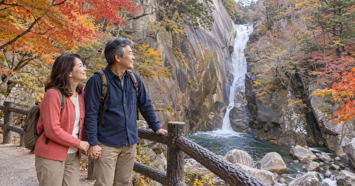 昇仙峡でデートを楽しむふたりをイメージしたAI画像