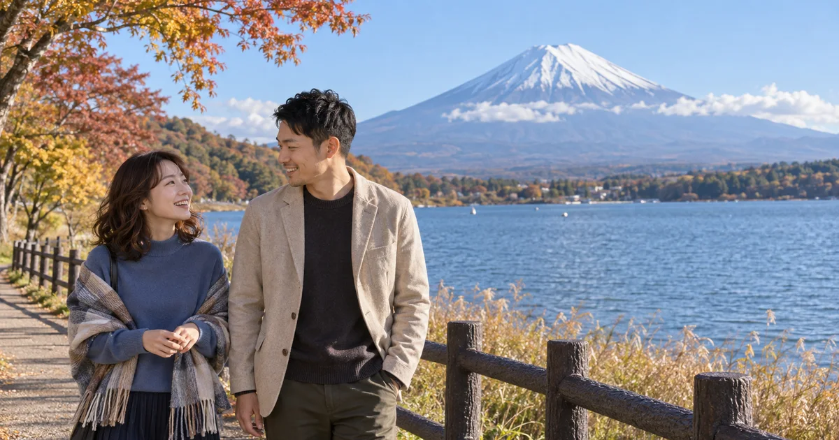 山中湖でデートを楽しむふたりをイメージしたAI画像