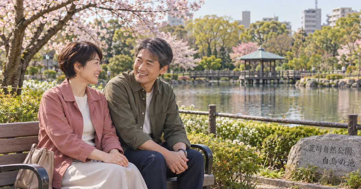 荒川自然公園でデートを楽しむふたりをイメージしたAI画像