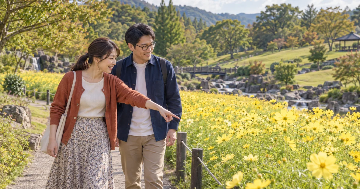 国営讃岐まんのう公園でデートを楽しむふたりをイメージしたAI画像