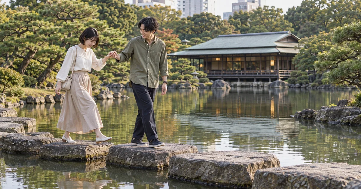 清澄庭園でデートを楽しむふたりをイメージしたAI画像