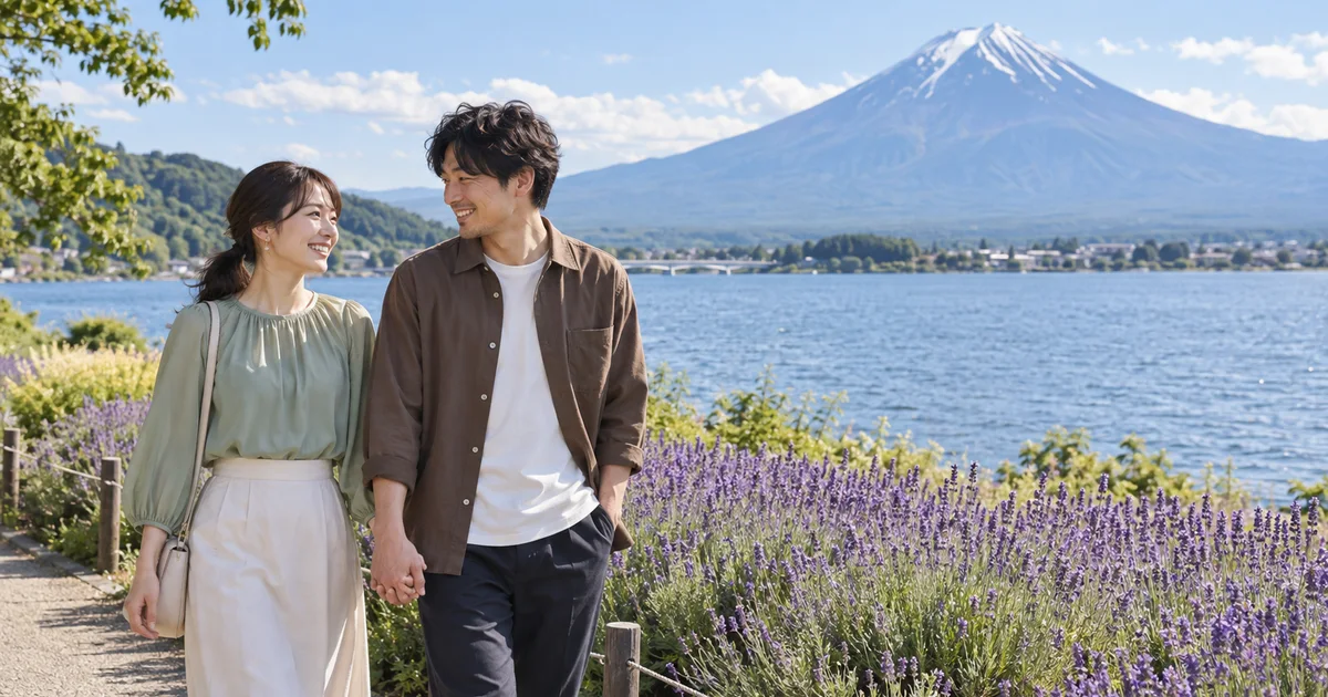 河口湖でデートを楽しむふたりをイメージしたAI画像