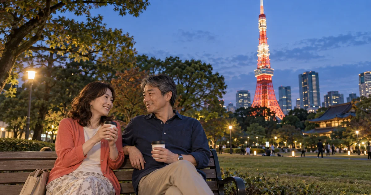 芝公園でデートを楽しむふたりをイメージしたAI画像